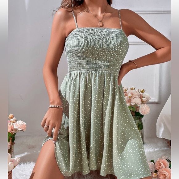 Boho Polka Dot Smocked Waist Cami Top Dress Red - Picture 14 of 15